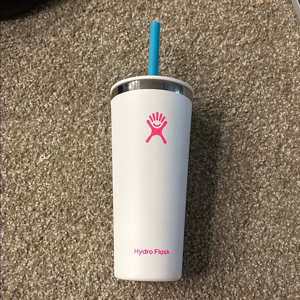 Hydro Flask White Tumbler with Blue Straw and Pink Logo